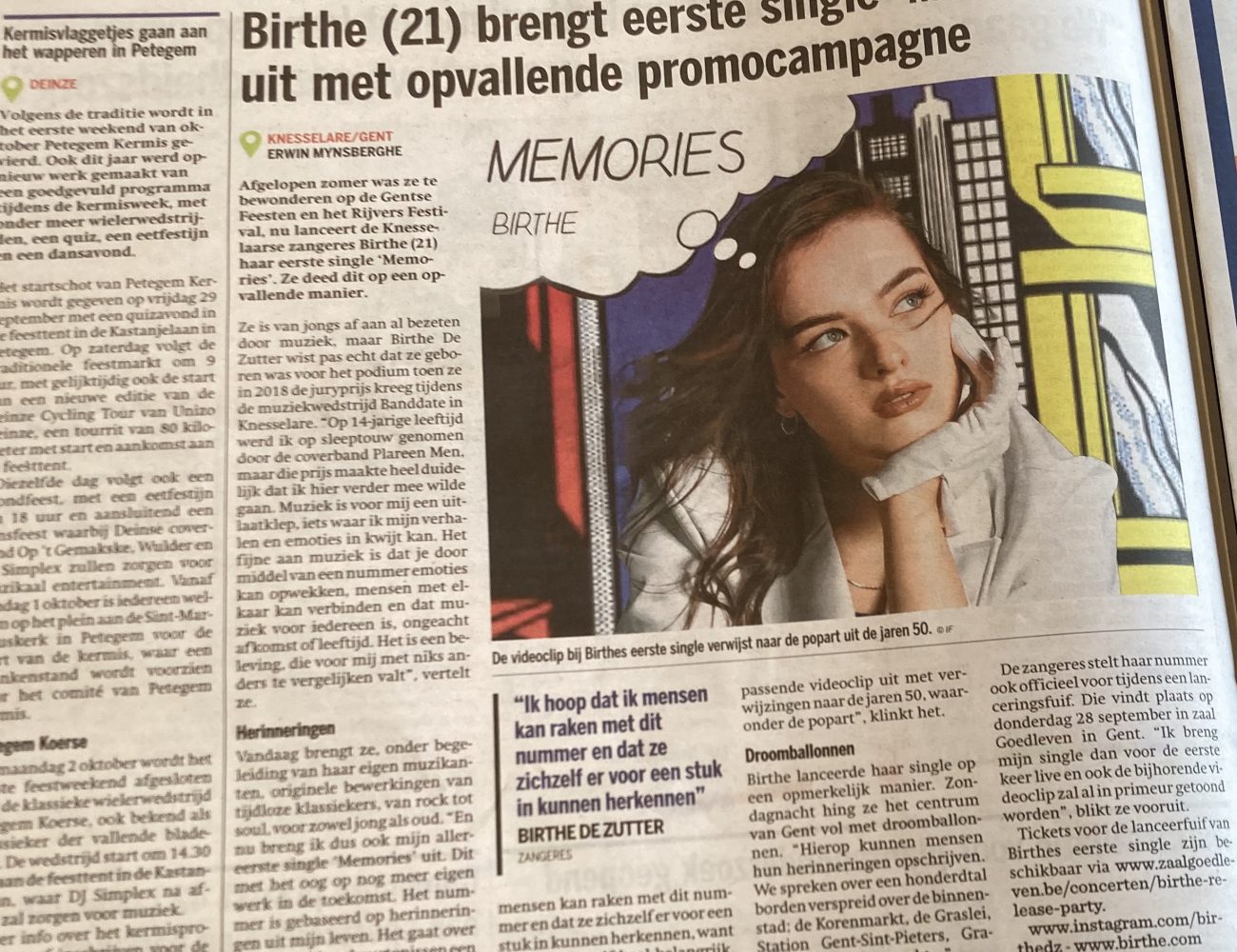 BIRTHE in 'Het Nieuwsblad' naar aanleiding van haar debuutsingle 'Memories'